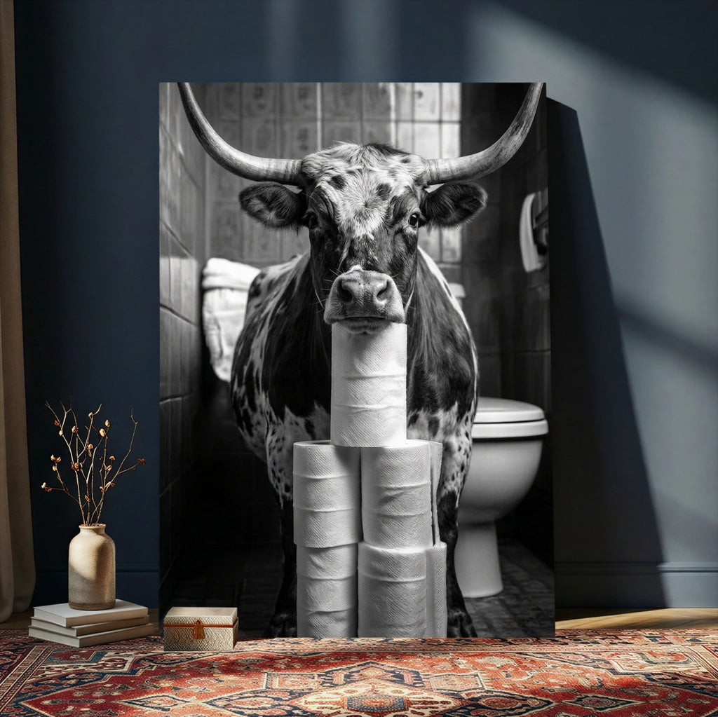 Texas Longhorn Cow Toilet Paper Canvas Wall Art, Funny Bathroom Decor