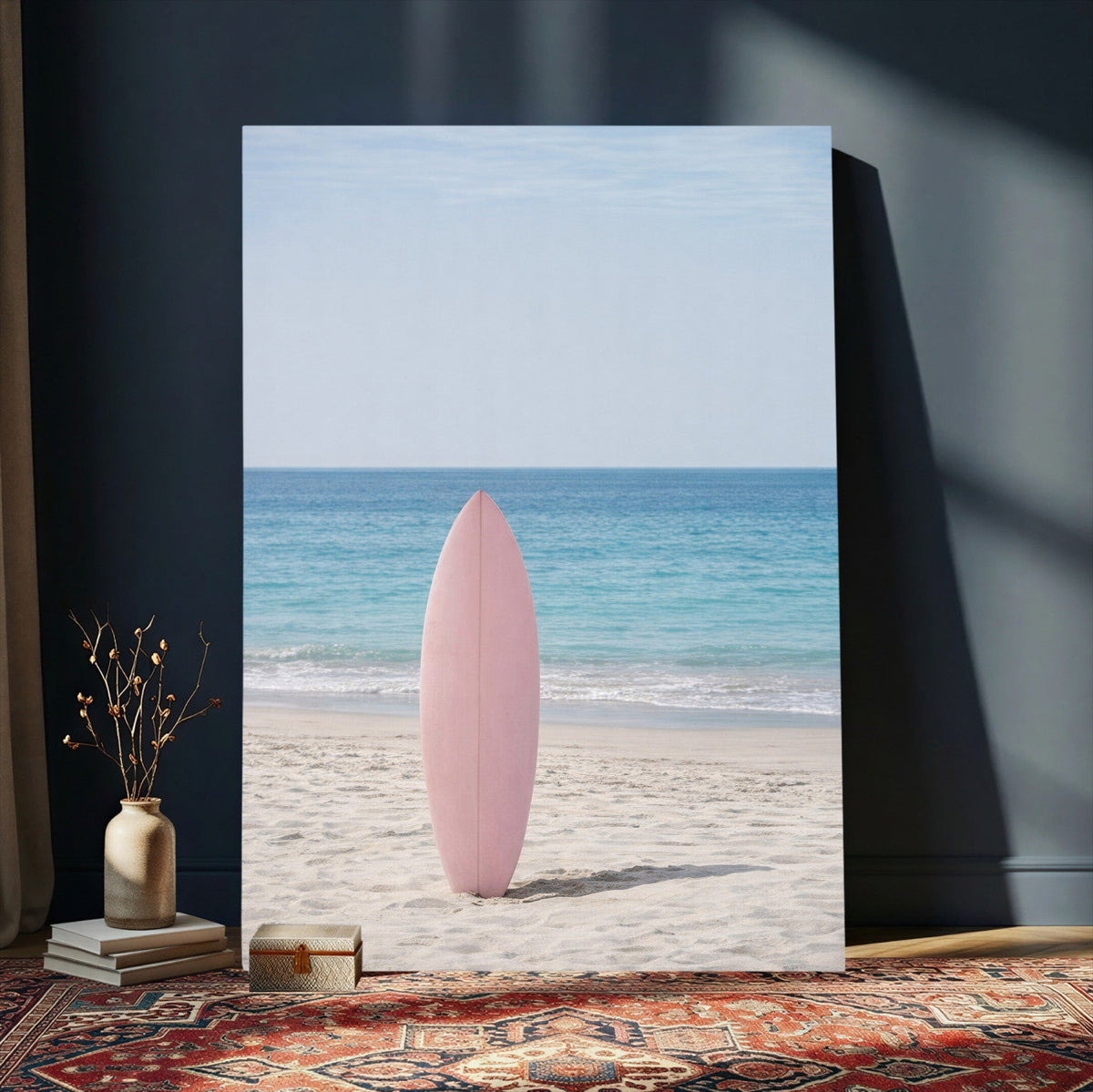 Pink Surfboard Canvas Wall Art, Minimalist Beach Photography