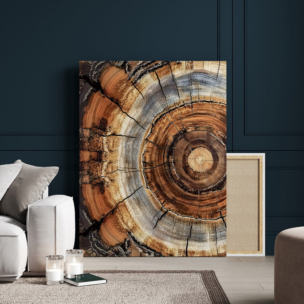 Tree Rings Wall Art Canvas Print | Rustic Cracked Wood Cross Section