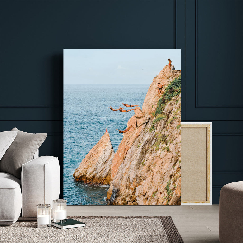 Cliff Dive Wall Art | Ocean Jump Canvas Print, Blue Sky