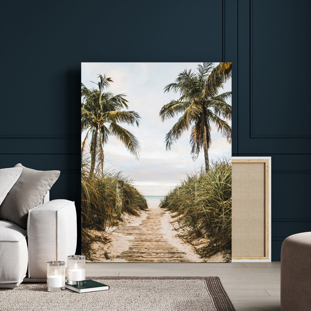 Tropical Palm Wall Art | Sandy Pathway Canvas Print, Ocean View