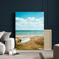 Coastal Serenity Wall Art Canvas Print, Framed Ocean View Art, Rustic Boat Nautical Coastal Decor