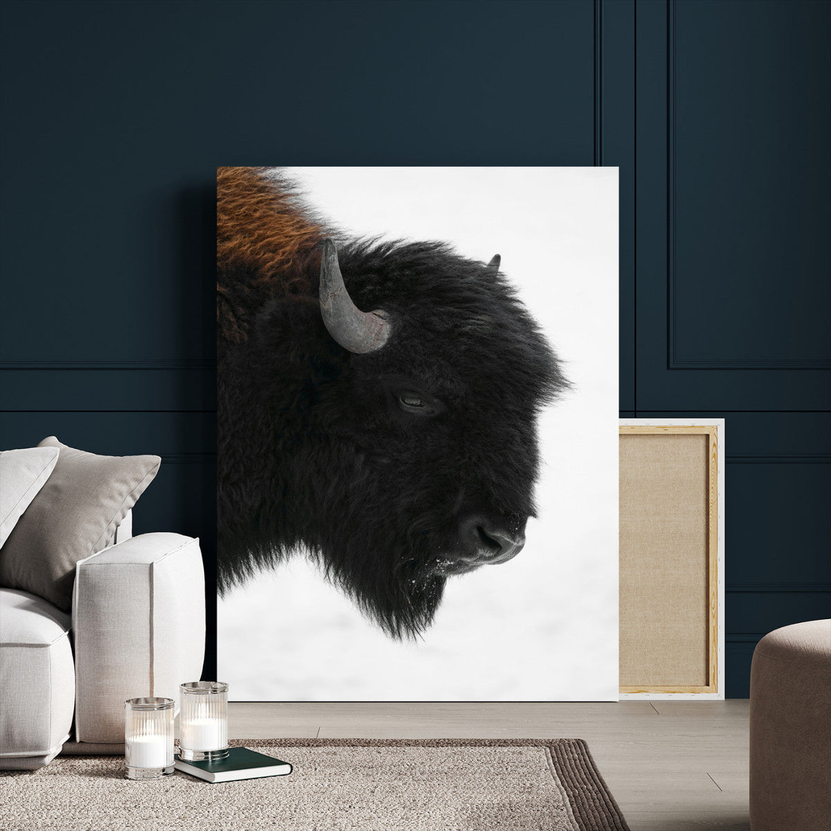 Western Rustic Wall Art Canvas Print, Framed Black and White Buffalo Photography, Wildlife Country Decor