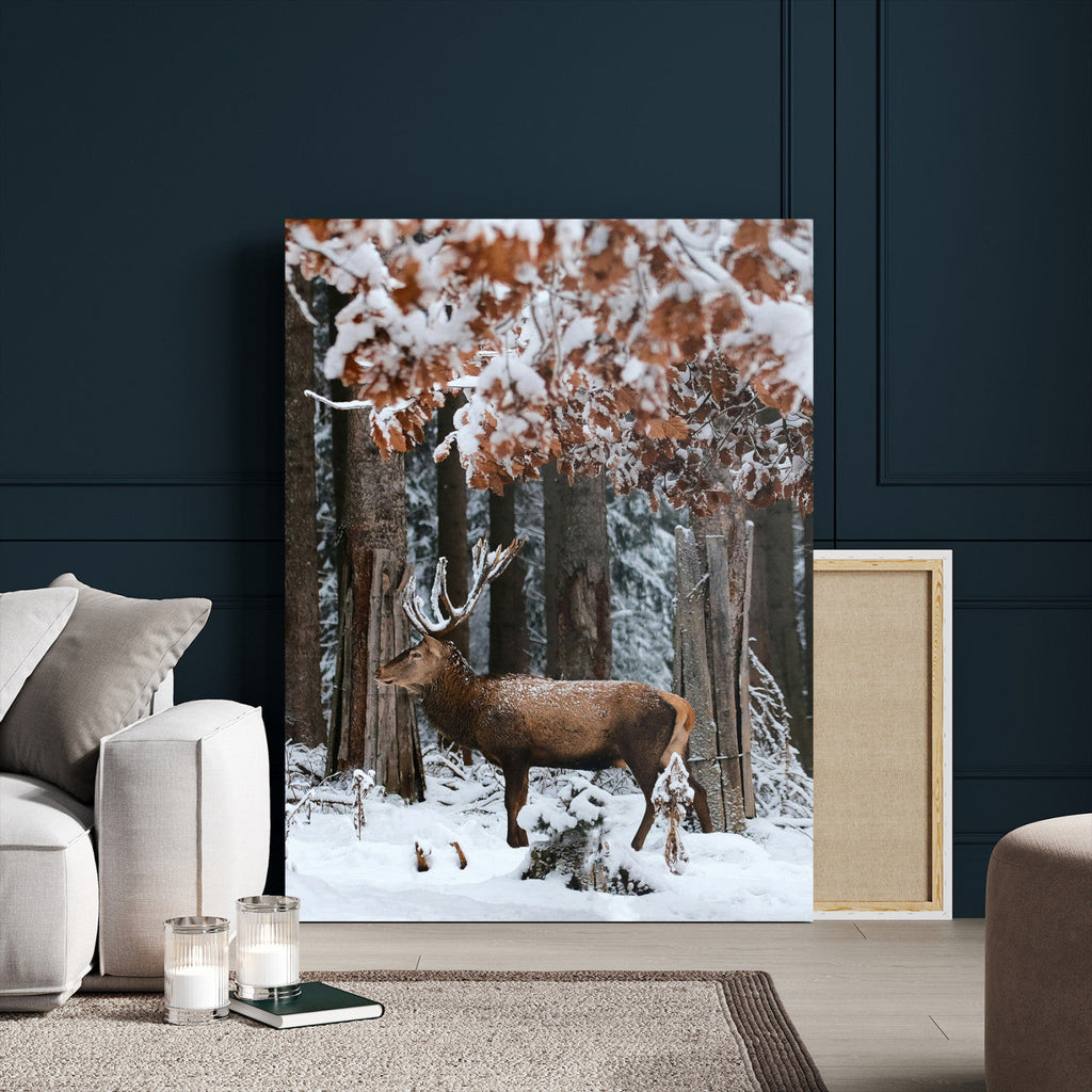 Serene Landscape Wall Art Canvas Print, Framed Winter Wonderland Deer Art, Rustic Cabin Decor