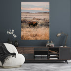 Solitary Buffalo Wall Art Canvas Print, Framed Golden Prairie Earthy Tones