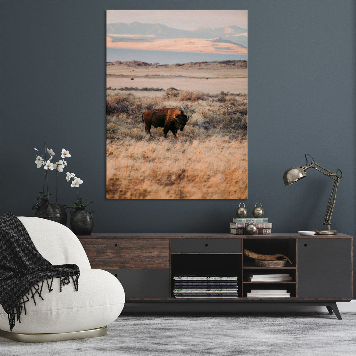 Solitary Buffalo Wall Art Canvas Print, Framed Golden Prairie Earthy Tones