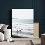 Surfer Silhouettes Wall Art Canvas Print, Framed Minimalist Ocean Art, Soft Horizon Coastal Decor