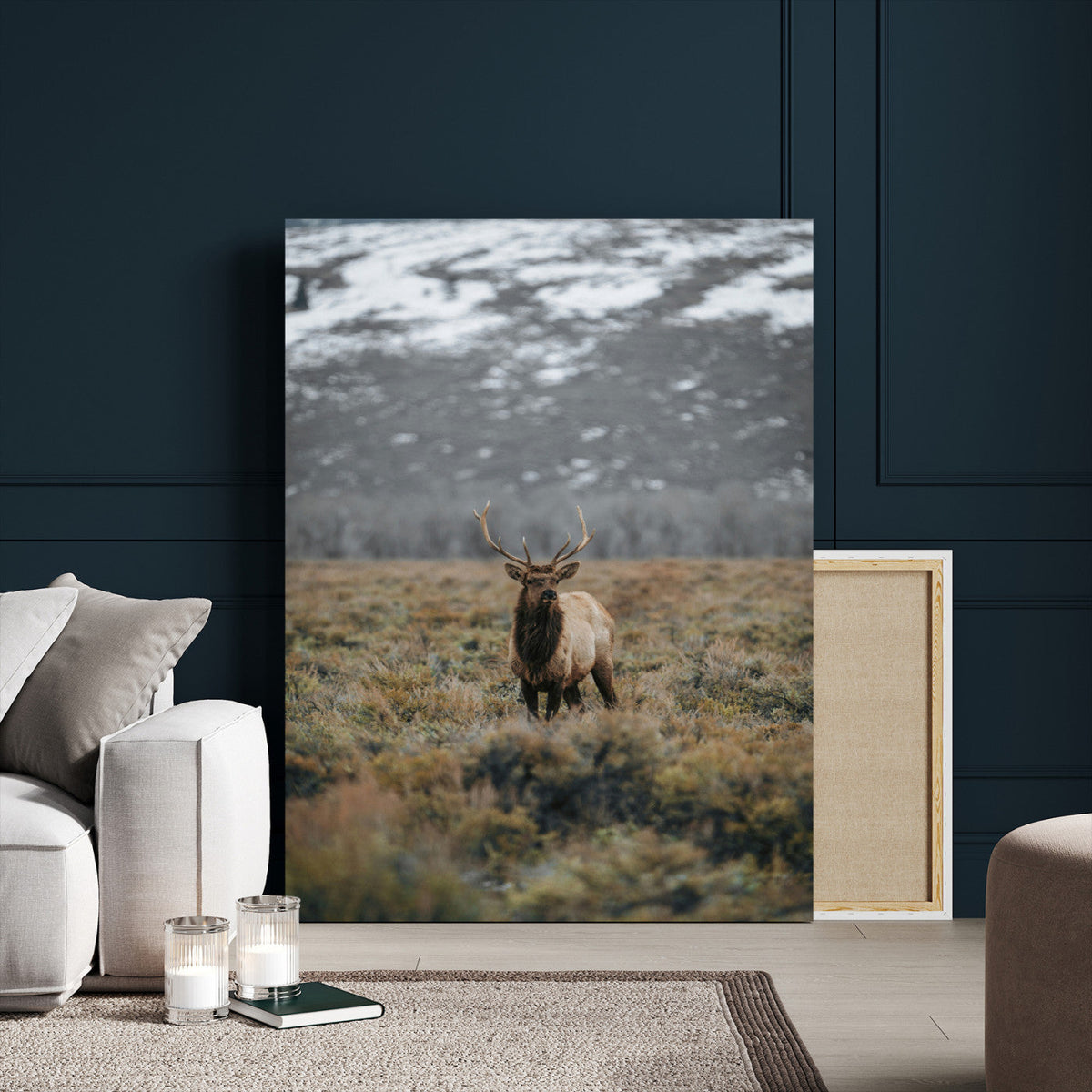 Wild Elk Wall Art Canvas Print, Framed Mountain Wilderness Majestic Animal Artwork