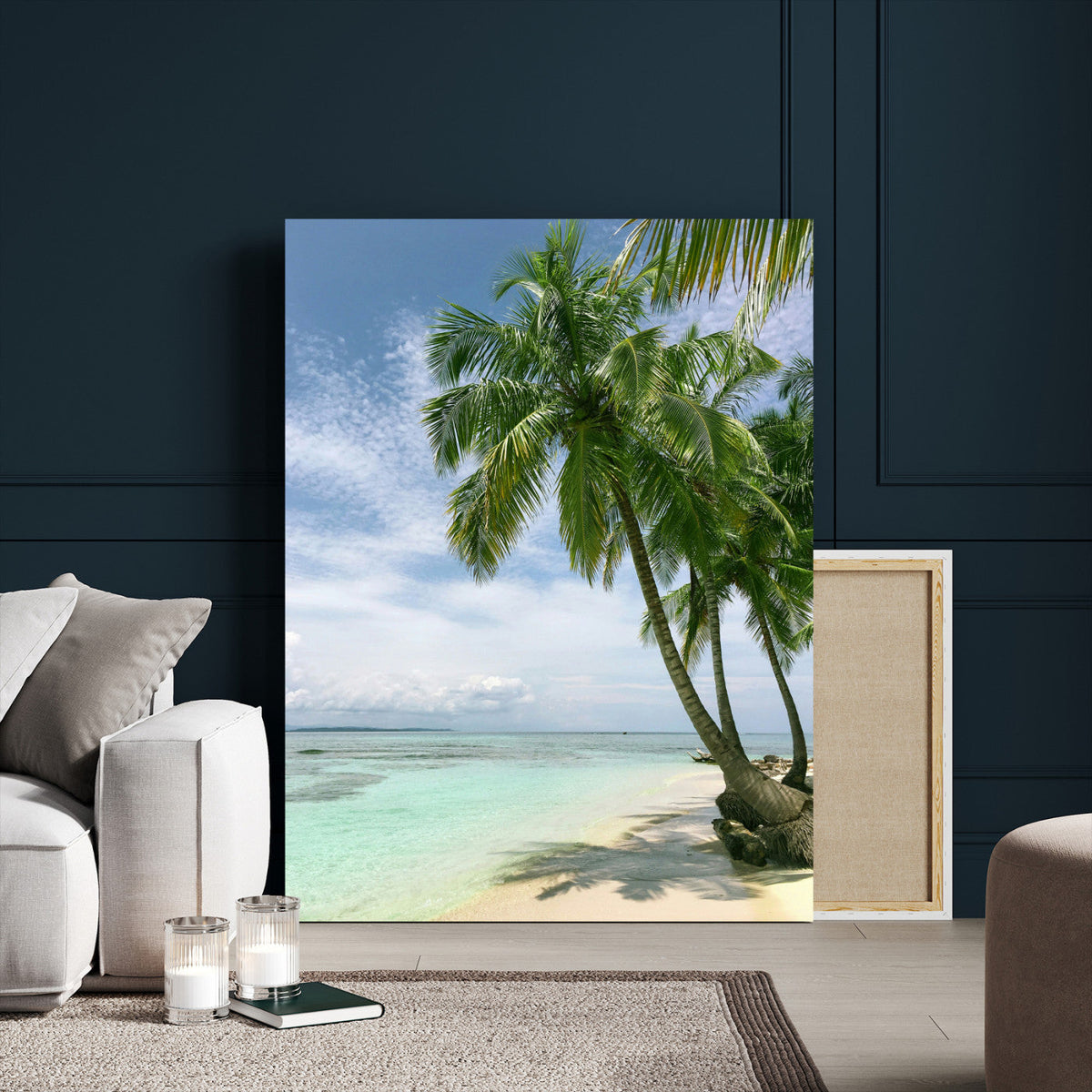 Tropical Beach Palm Trees Canvas Print, Framed Island Coastal Wall Art Ocean Horizon