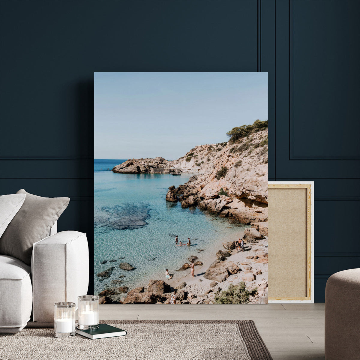 Clear Blue Water Beach Wall Art | Framed Rocky Cove Canvas
