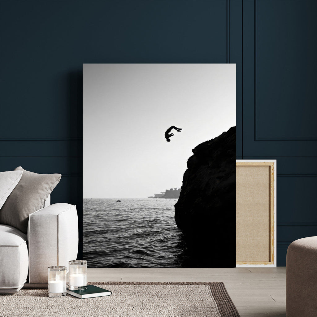 Silhouette Cliff Diver Wall Art | Framed Black White Ocean Canvas