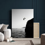 Silhouette Cliff Diver Wall Art | Framed Black White Ocean Canvas