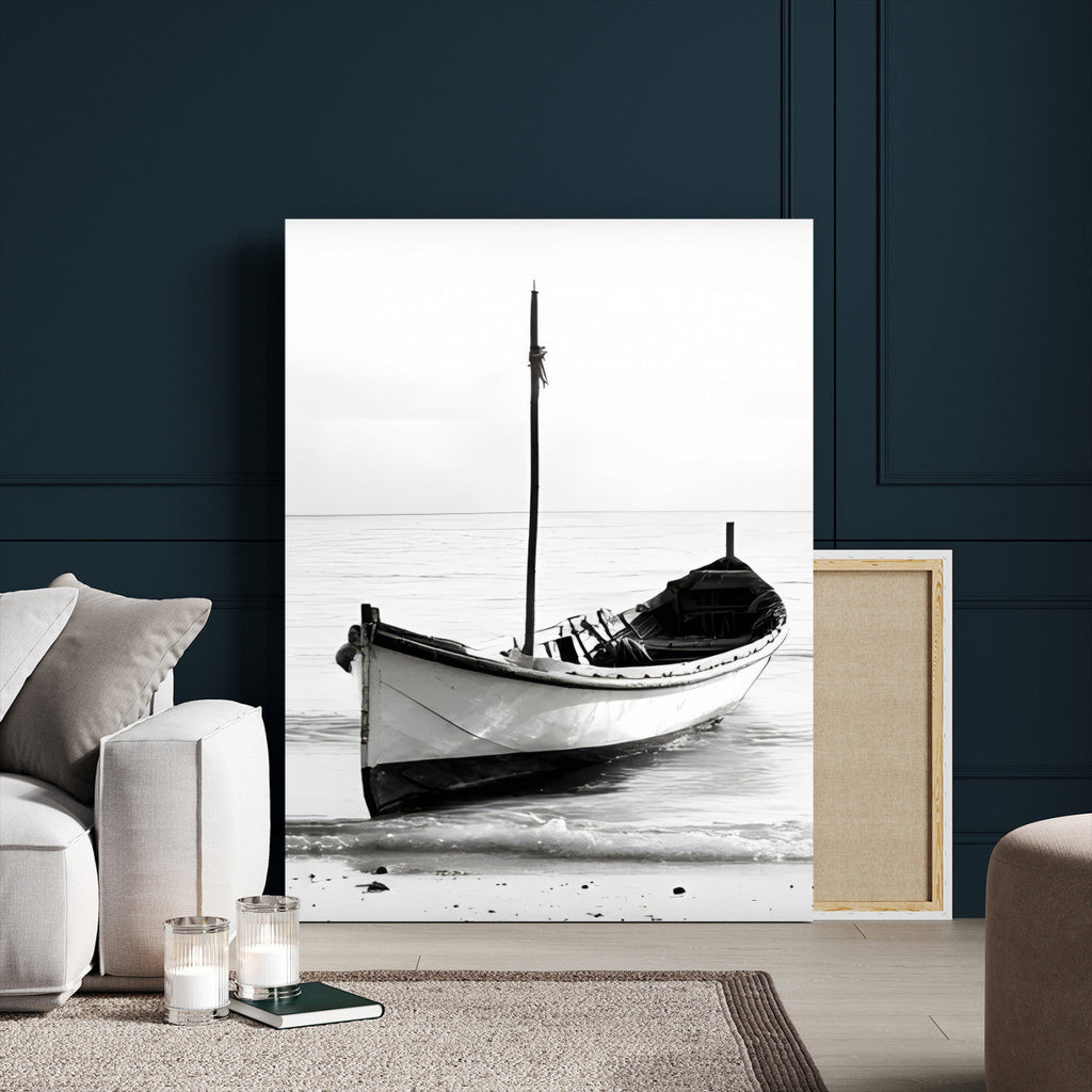 Minimal Boat Wall Art Canvas Print | Black and White Coastal Photography