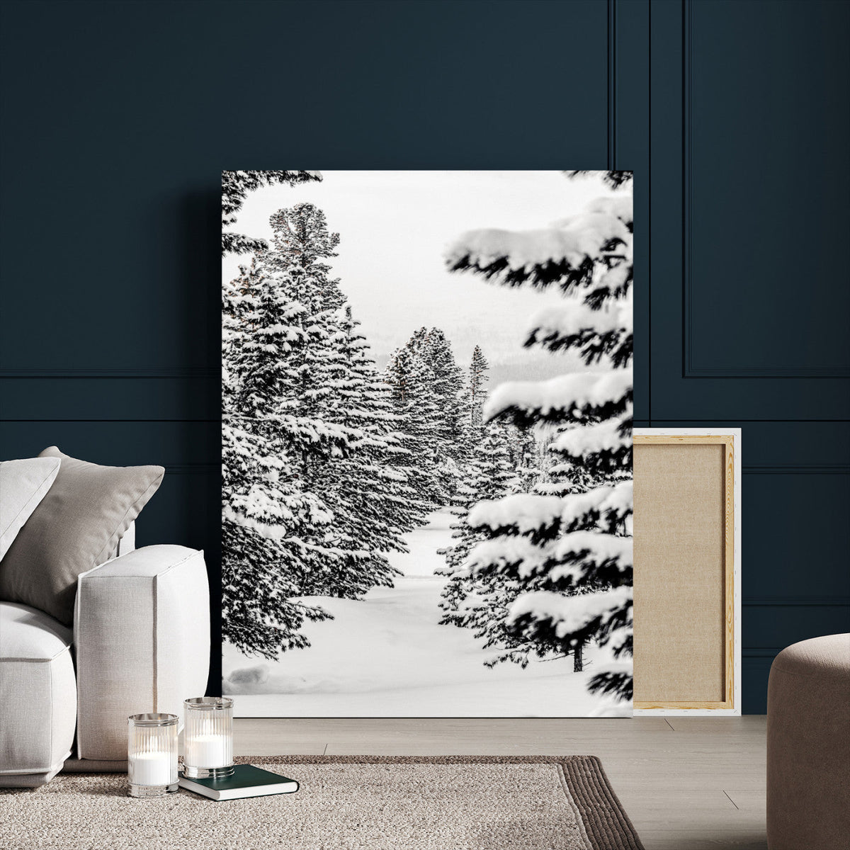 Winter Pine Forest Wall Art Canvas Print, Minimal Winter Landscape