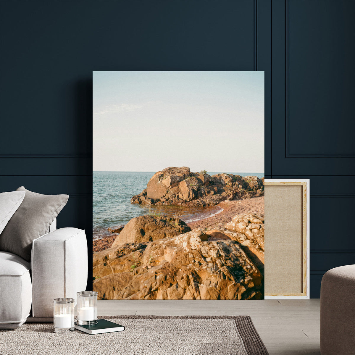 Rocky Coastline Wall Art Canvas Print, Minimal Coastal Landscape