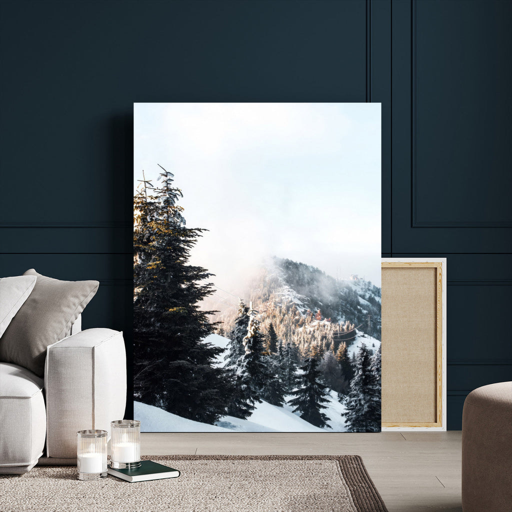 Snowy Mountain Forest Wall Art Canvas Print, Winter Pine Landscape