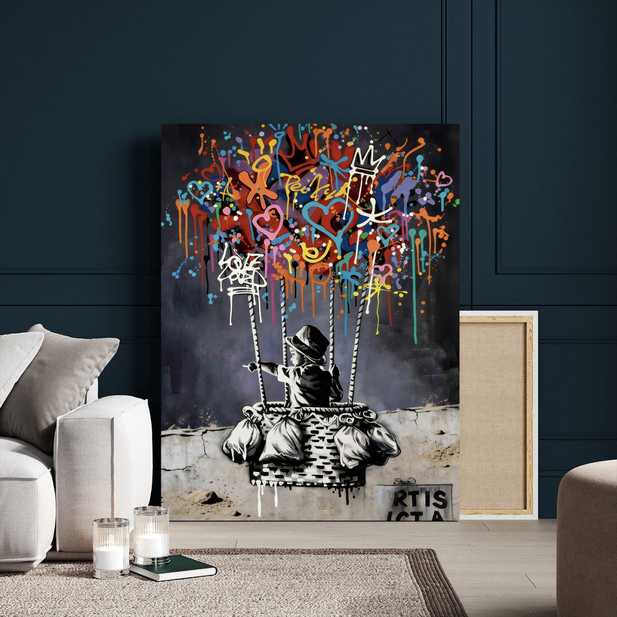 Banksy Inspired Boy Wall Art Canvas Print, Graffiti Balloon Hearts Street Art