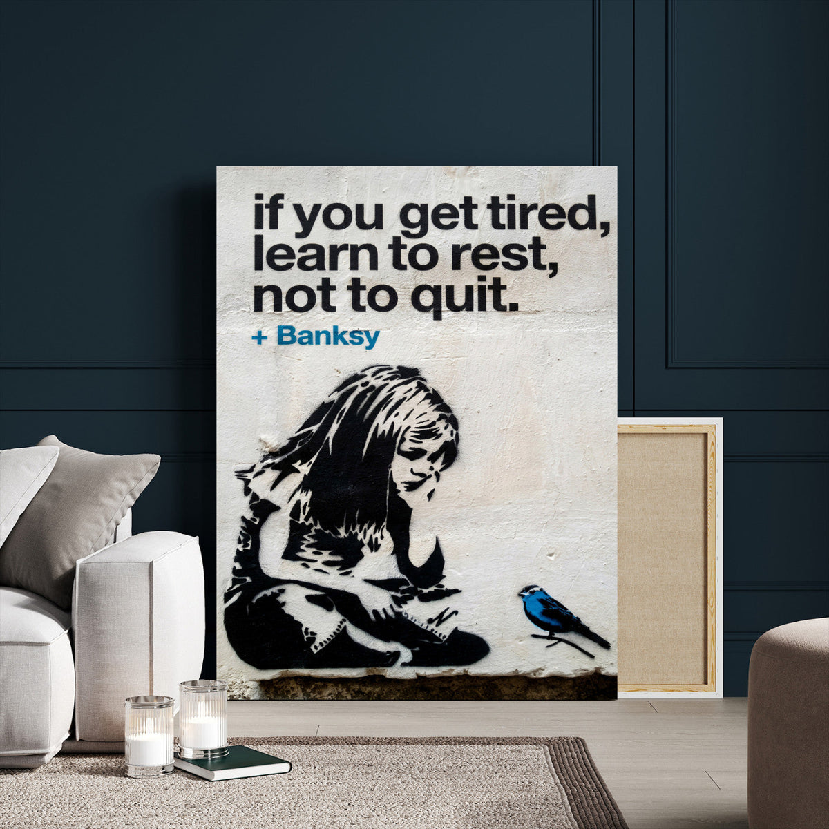 Banksy Girl and Blue Bird Canvas Art Print | Banksy If You Get Tired Street Art