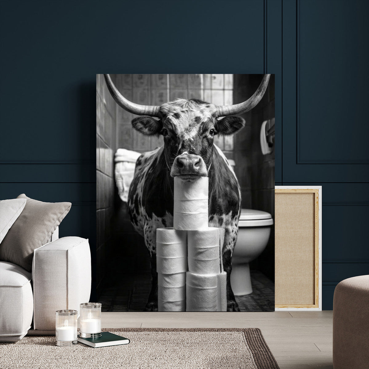 Texas Longhorn Cow Toilet Paper Canvas Wall Art, Funny Bathroom Decor