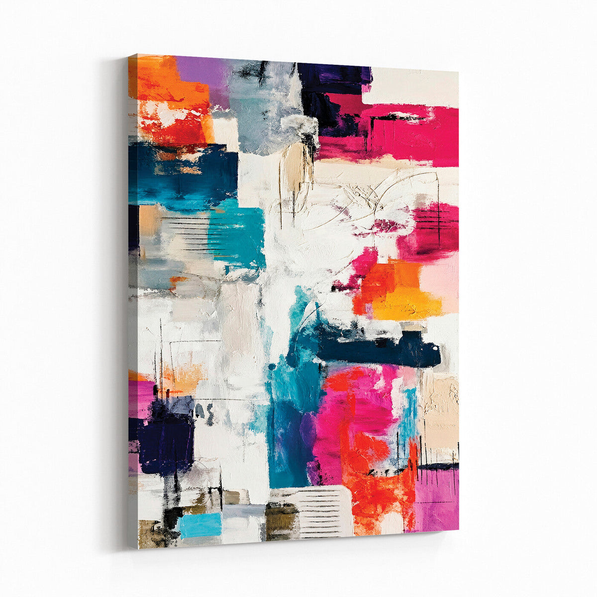 Blue Teal Abstract Canvas Wall Art, Modern Brushstroke Style Painting Print, Navy Orange Contemporary Decor