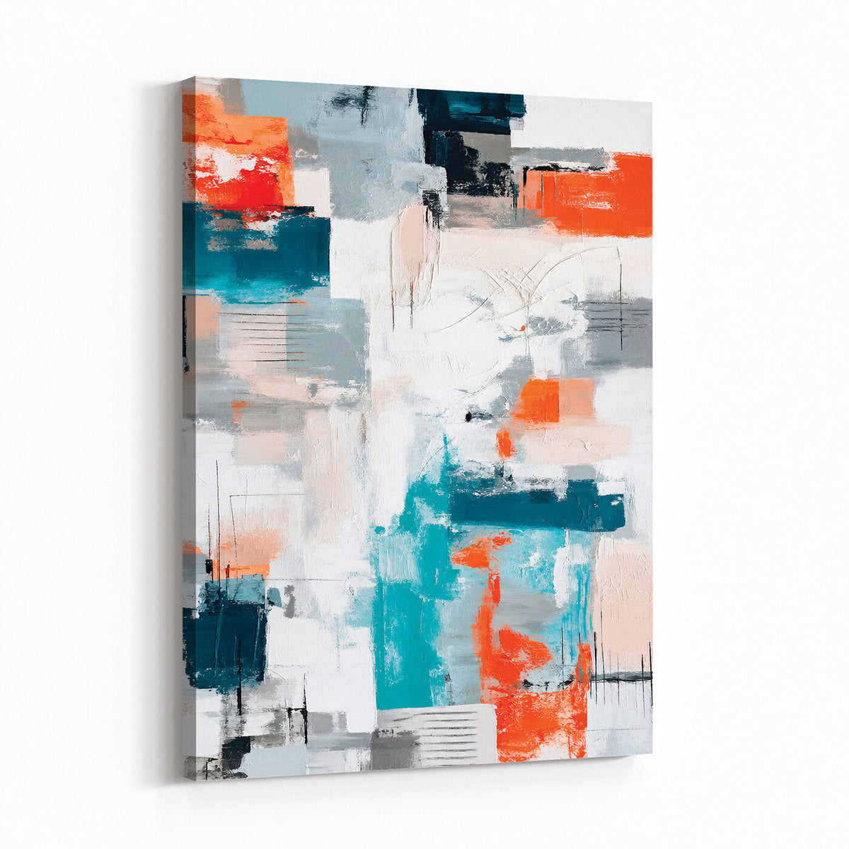 Blue Teal Abstract Canvas Wall Art, Modern Brushstroke Style Painting Print, Navy Orange Contemporary Decor