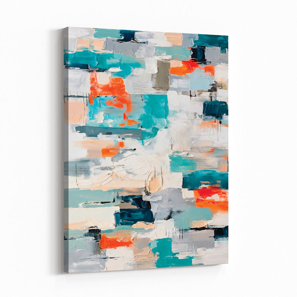 Blue Teal Abstract Canvas Wall Art, Modern Brushstroke Style Painting Print, Navy Orange Contemporary Decor