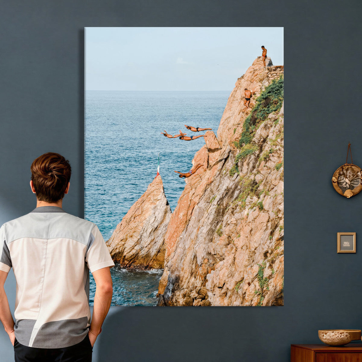 Cliff Dive Wall Art | Ocean Jump Canvas Print, Blue Sky