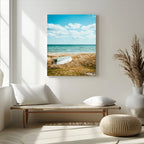 Coastal Serenity Wall Art Canvas Print, Framed Ocean View Art, Rustic Boat Nautical Coastal Decor