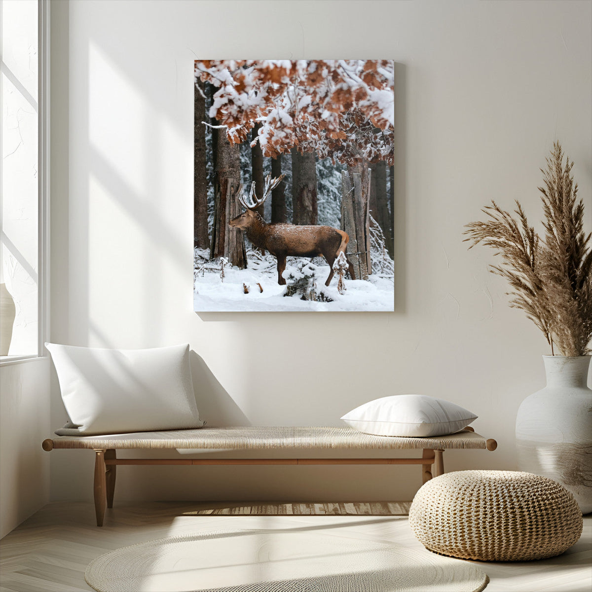 Serene Landscape Wall Art Canvas Print, Framed Winter Wonderland Deer Art, Rustic Cabin Decor