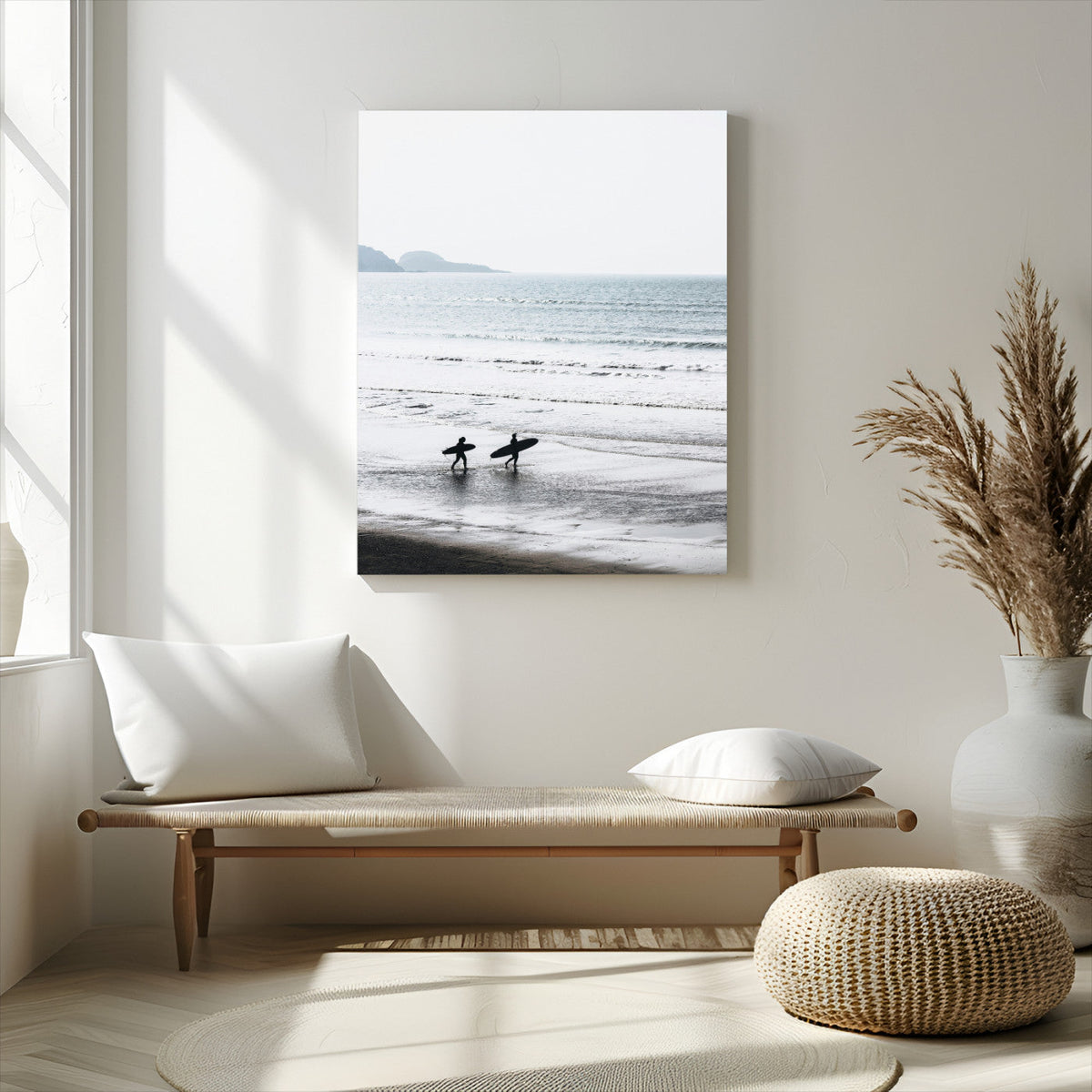 Surfer Silhouettes Wall Art Canvas Print, Framed Minimalist Ocean Art, Soft Horizon Coastal Decor