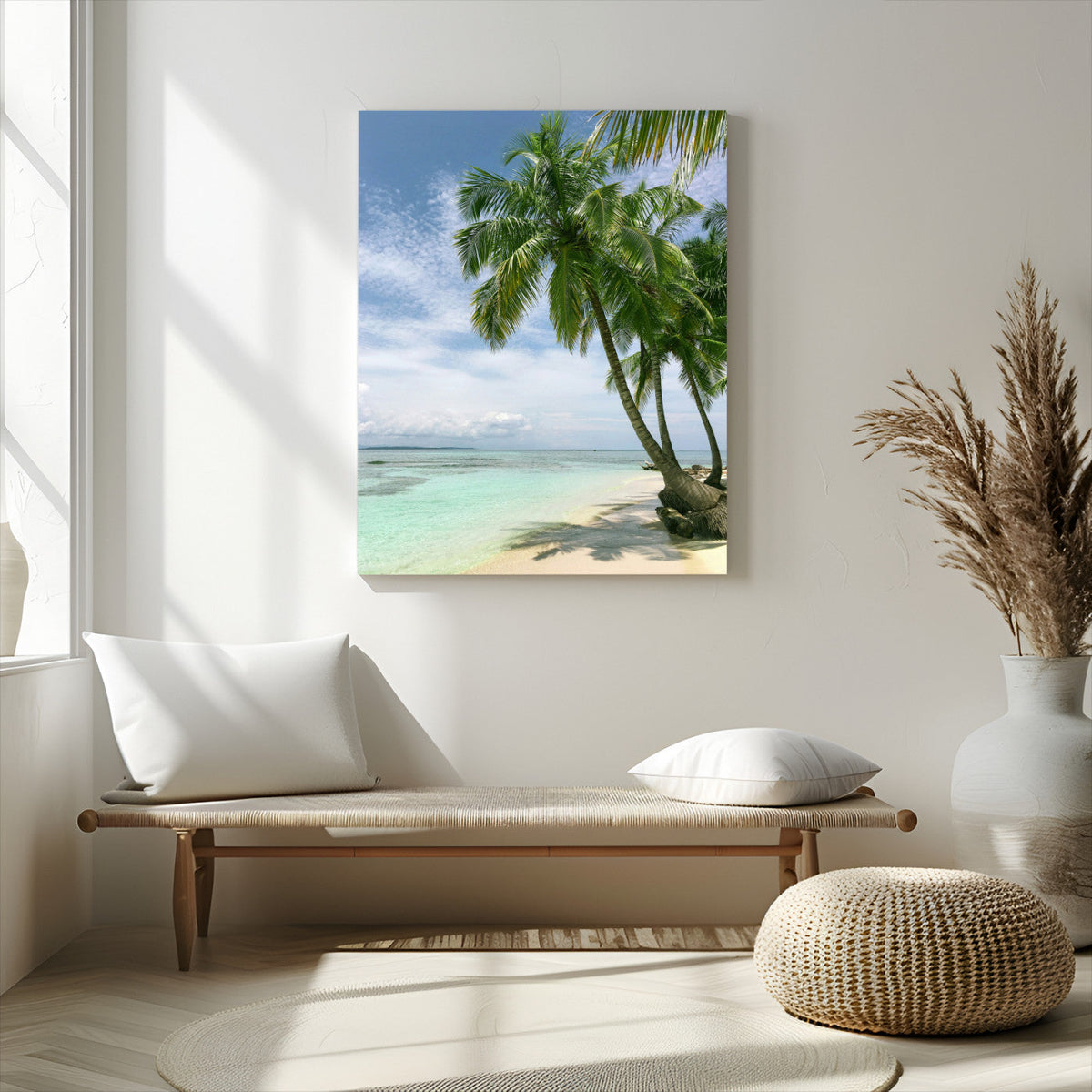 Tropical Beach Palm Trees Canvas Print, Framed Island Coastal Wall Art Ocean Horizon