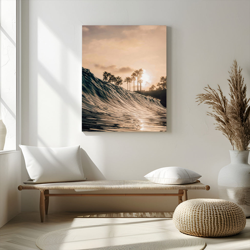 Sunset Wave Ocean Wall Art | Framed Palm Tree Canvas