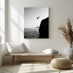 Silhouette Cliff Diver Wall Art | Framed Black White Ocean Canvas