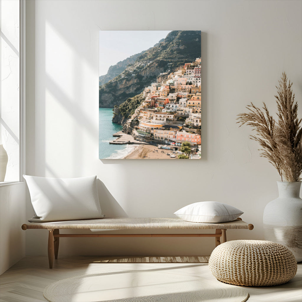 Mediterranean Coastal Cliffside Town Wall Art | Vibrant Seaside Canvas Print