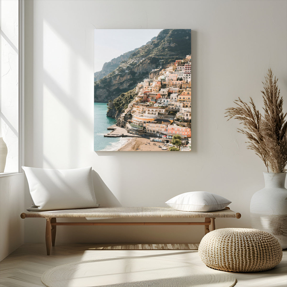Mediterranean Coastal Cliffside Town Wall Art | Vibrant Seaside Canvas Print
