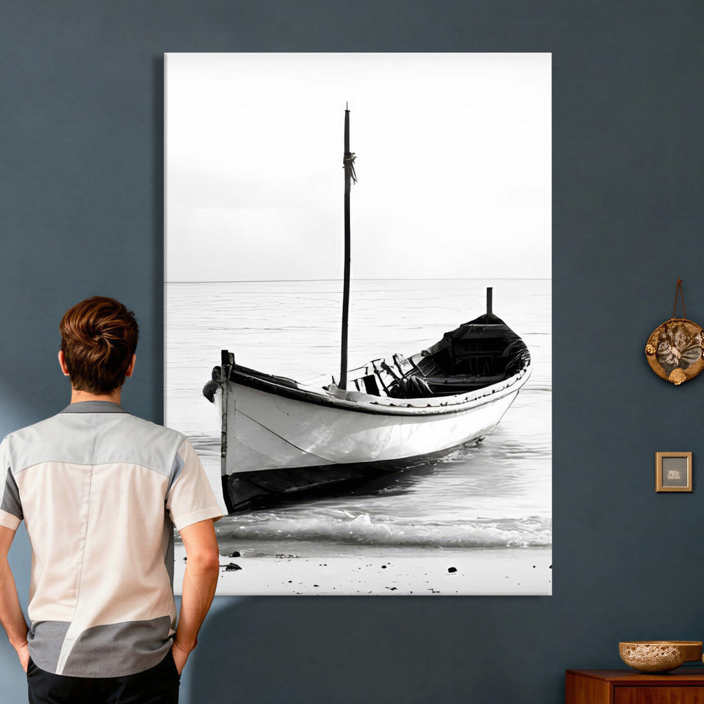 Minimal Boat Wall Art Canvas Print | Black and White Coastal Photography