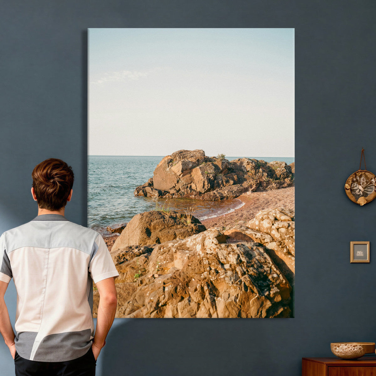 Rocky Coastline Wall Art Canvas Print, Minimal Coastal Landscape