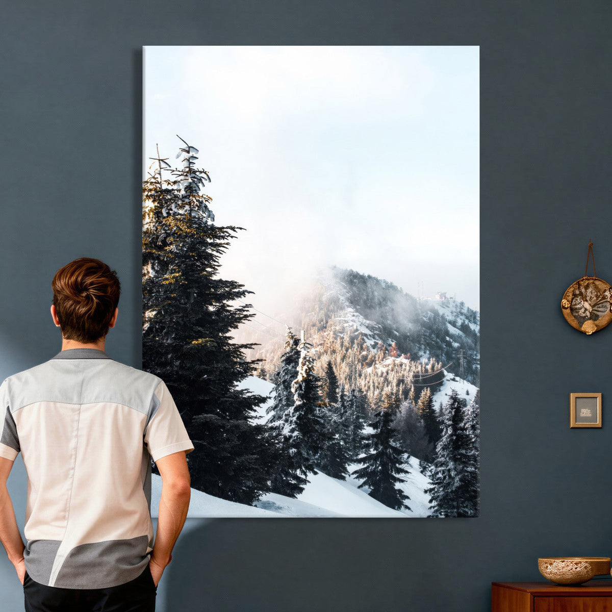 Snowy Mountain Forest Wall Art Canvas Print, Winter Pine Landscape