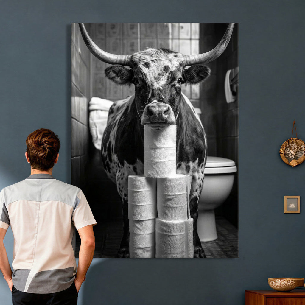 Texas Longhorn Cow Toilet Paper Canvas Wall Art, Funny Bathroom Decor