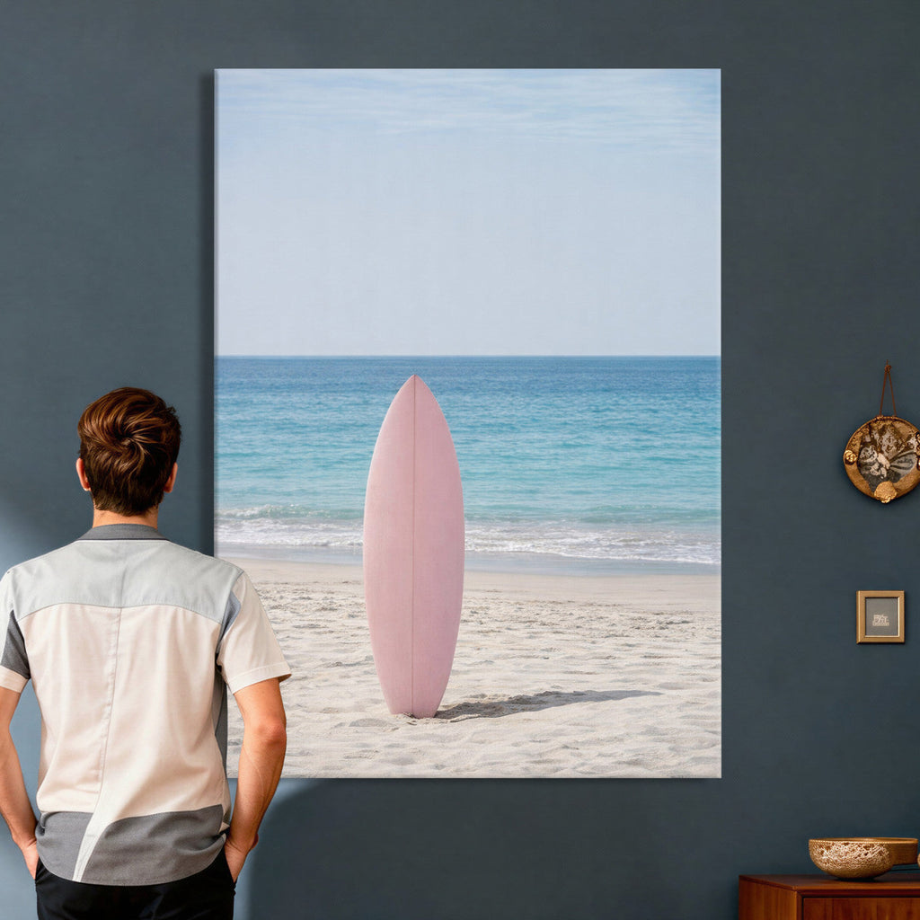 Pink Surfboard Canvas Wall Art, Minimalist Beach Photography