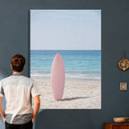 Pink Surfboard Canvas Wall Art, Minimalist Beach Photography