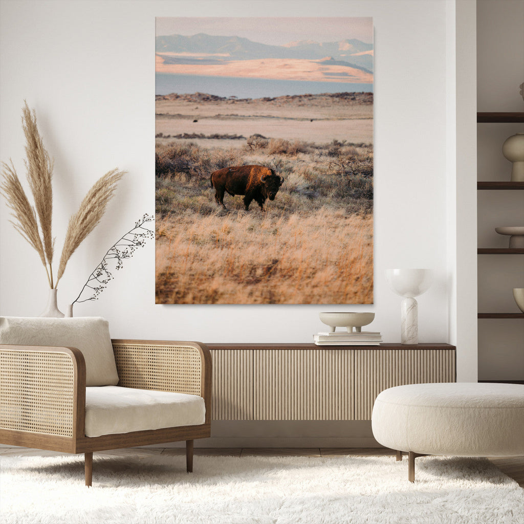 Solitary Buffalo Wall Art Canvas Print, Framed Golden Prairie Earthy Tones