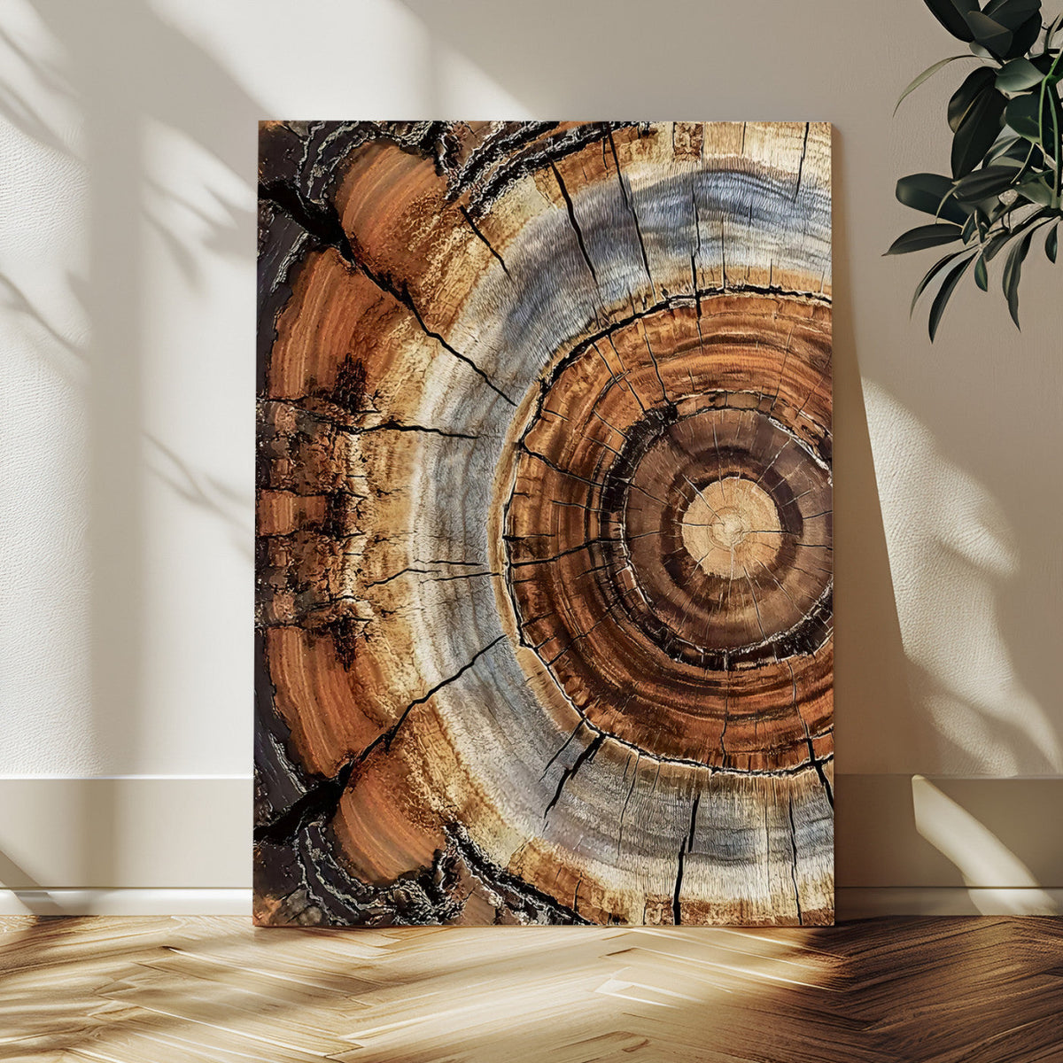 Tree Rings Wall Art Canvas Print | Rustic Cracked Wood Cross Section