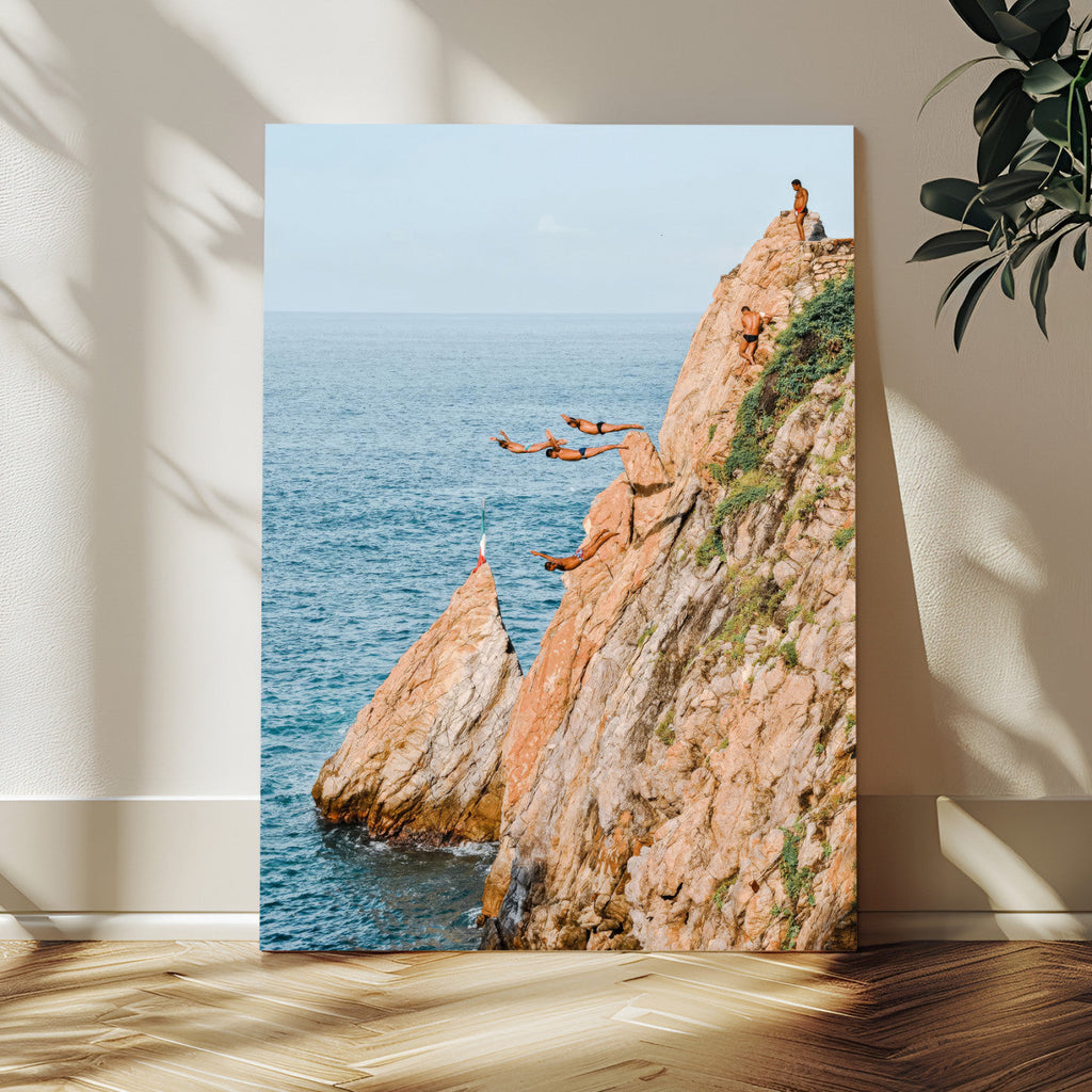 Cliff Dive Wall Art | Ocean Jump Canvas Print, Blue Sky