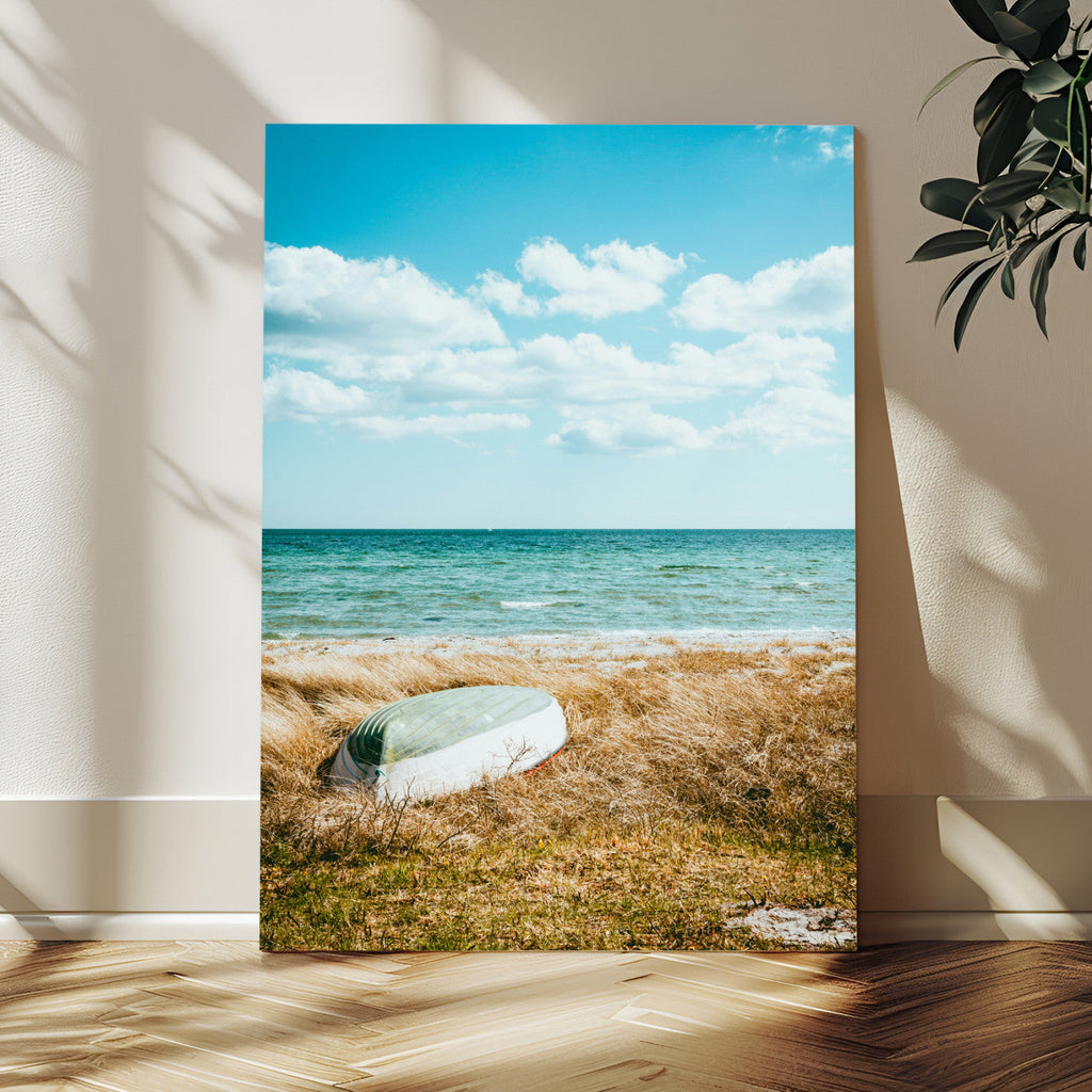 Coastal Serenity Wall Art Canvas Print, Framed Ocean View Art, Rustic Boat Nautical Coastal Decor