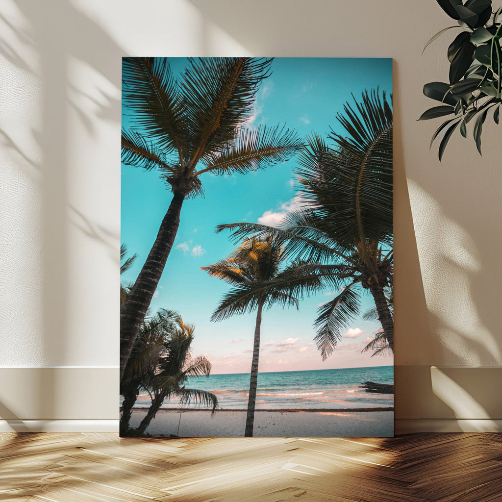 Palm Trees Wall Art Canvas Print, Framed Tropical Beach Art, Ocean Breeze Tropical Coastal Decor