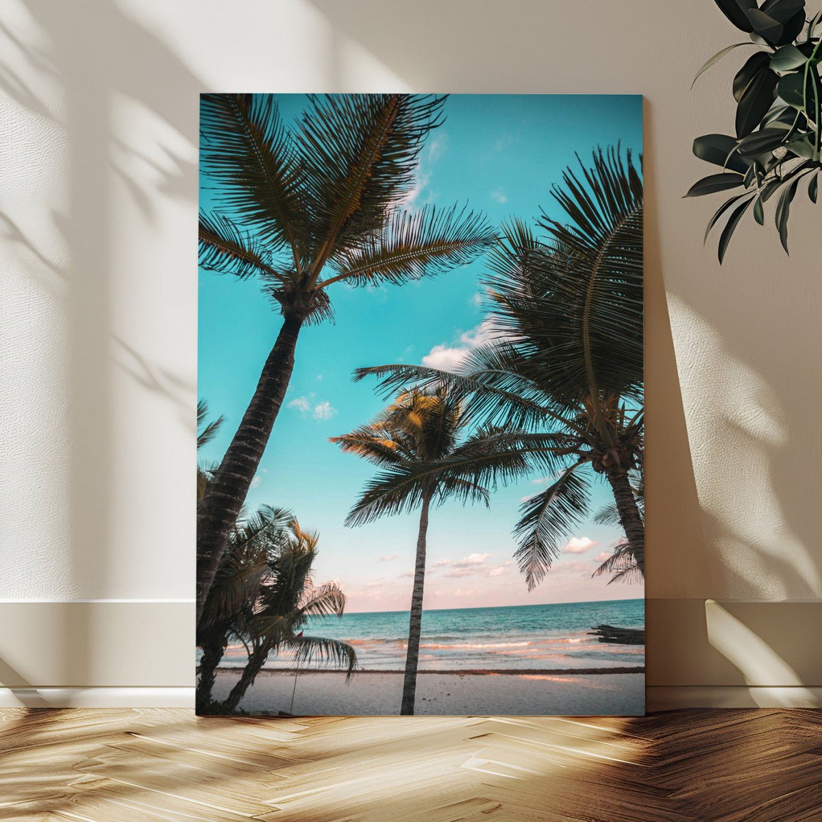 Palm Trees Wall Art Canvas Print, Framed Tropical Beach Art, Ocean Breeze Tropical Coastal Decor