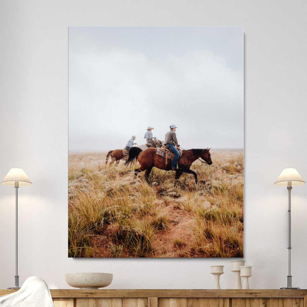 Golden Grassland Wall Art Canvas Print, Framed Western Frontier Open Range Riders