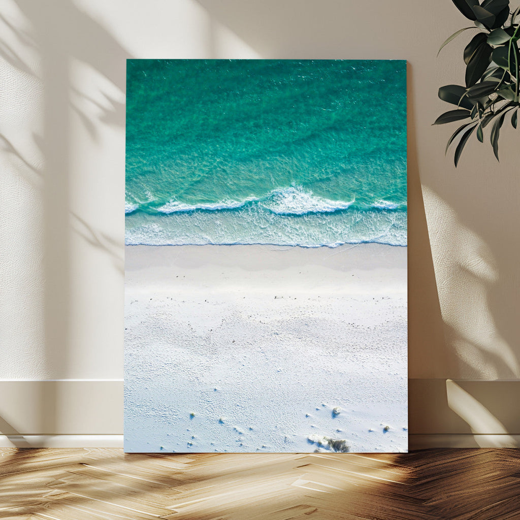 Turquoise Ocean Wall Art Canvas Print, Framed White Sand Shore Art, Gentle Waves Coastal Decor
