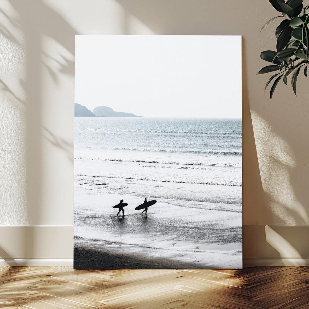 Surfer Silhouettes Wall Art Canvas Print, Framed Minimalist Ocean Art, Soft Horizon Coastal Decor